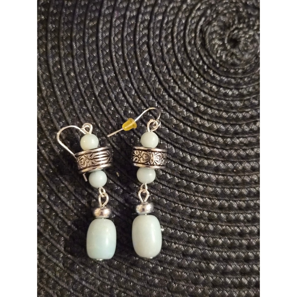 Pale Mint Green Stone Drop Earrings Silver Tone Boho Etched Barrel Dangle French